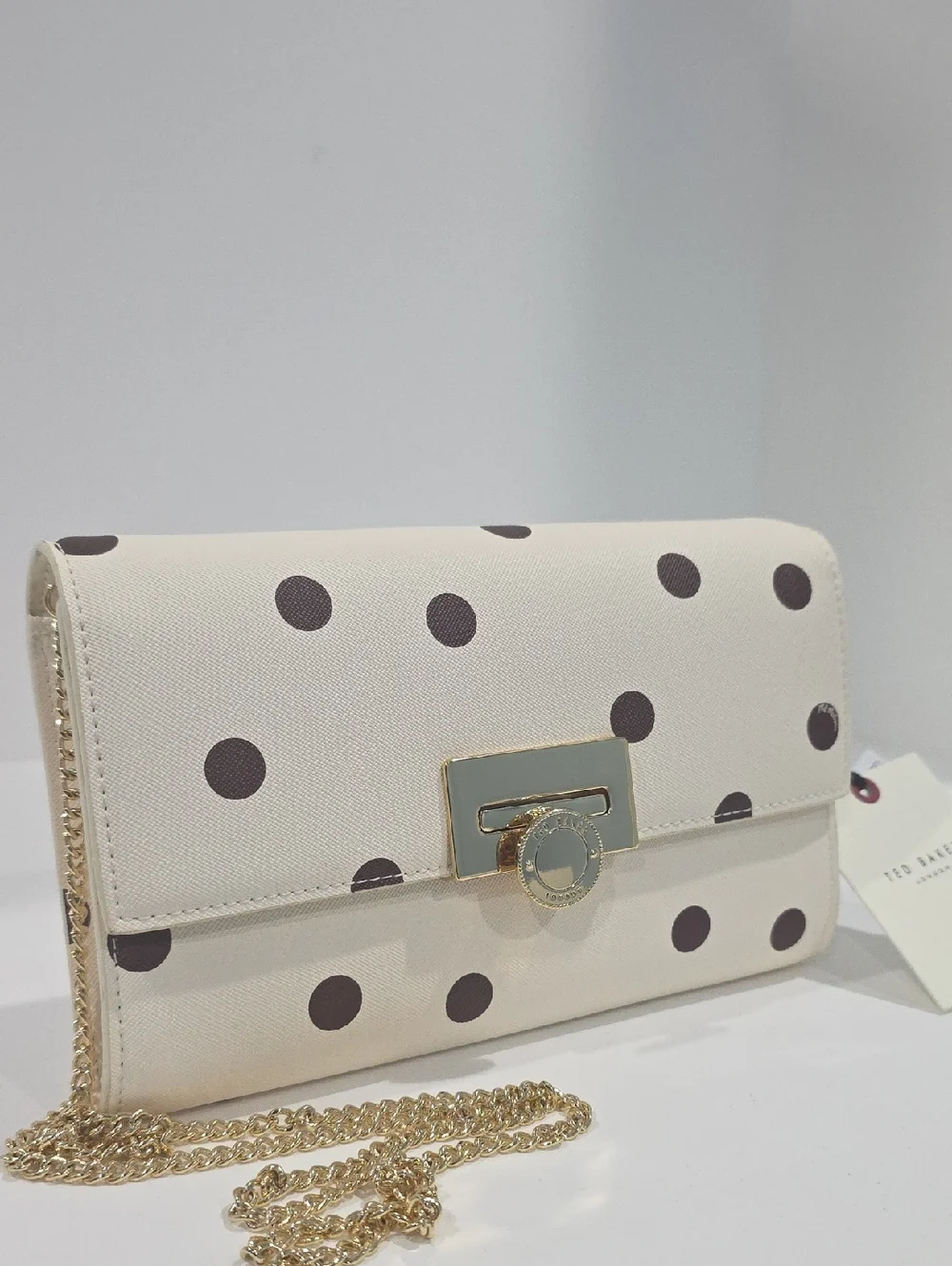 NWT ⭐ Ted Baker PARISA Crossbody Wallet on a Chain Bag Ivory / Brown Polka Dots